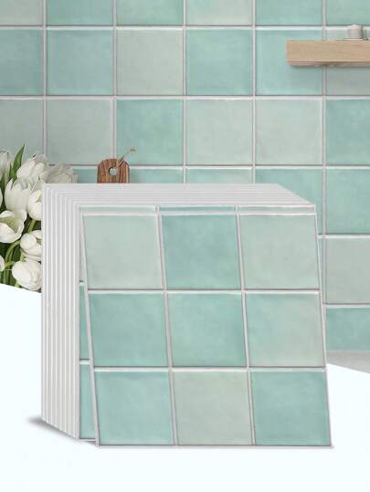 3D Selbstklebende Fliesenaufkleber Küche & Bad, 10 Stück PVC Metro Fliesen 30x30 cm, Matt Helles Blaugrün, Quadrat Wandfliesen Dekor für Küche und Bad