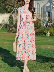 1 件女士休闲印花时尚优雅中长连衣裙，夏季 - 粉色 - 查看 2