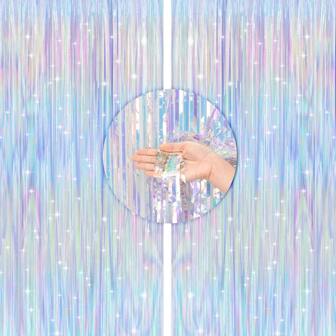 3 件装彩虹色派对飘带背景霓虹灯透明全息金属丝箔流苏窗帘，拍照道具，金属丝背景窗帘，适用于美人鱼独角兽生日派对、性别揭示装饰、迎婴派对装饰、婚礼单身派对装饰