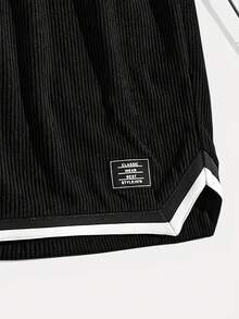 Trending Men's Beach Sports Casual Corduroy Shorts, Slant Pockets, Drawstring, Contrast Color, Ribbed Hem, Simple And Elegant Design, Sports Silhouette, Suitable For Daily Casual, Sports, Commuting, Outing, Summer New Essential Shorts - Black - View 6