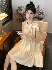 A字型无袖荷叶边迷你连衣裙，优雅显瘦 - 杏色 - 查看 5