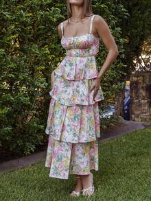 Women Summer Spaghetti Strap Tiered Ruffle Dress Casual Sleeveless Floral Layered Maxi Dress For Women Beach Sundress - 紫色 - 查看 5
