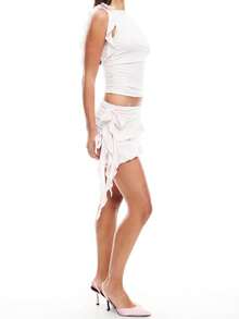 Women Summer Skirts Outfits Solid Color Tie-Up Shoulder Sleeveless Tank Tops Ruffles Mini Skirts 2 Pieces Clothes Set - White - View 4