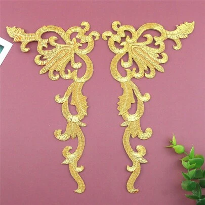 1pair Golden Color Embroidery Flower Hot Melt Adhesive Patches For Wedding Dress Floral Applique Patch Costume Decorate