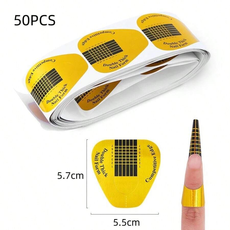 50pcs Rectangular & Horseshoe Nail Extension Forms, Nail Extension Gel Paper Forms, Crystal Nail Paper Forms, Horseshoe Shaped Nail Art Paper Forms, Nail Art Tools, Suitable For C-Curve Acrylic & UV Gel Nail Making, Nail Extension Guides Stickers Dispenser - Golden Horseshoe - View 1