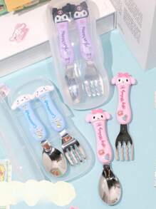 Sanrio 2 pezzi Set di posate Sanrio Hello Kitty, Kuromi, My Melody, Cinnamoroll, in acciaio inossidabile 304, con bacchette, cucchiaio e forchetta a tema cartone animato, set di stoviglie portatile con scatola di immagazzinaggio, articoli scolastici