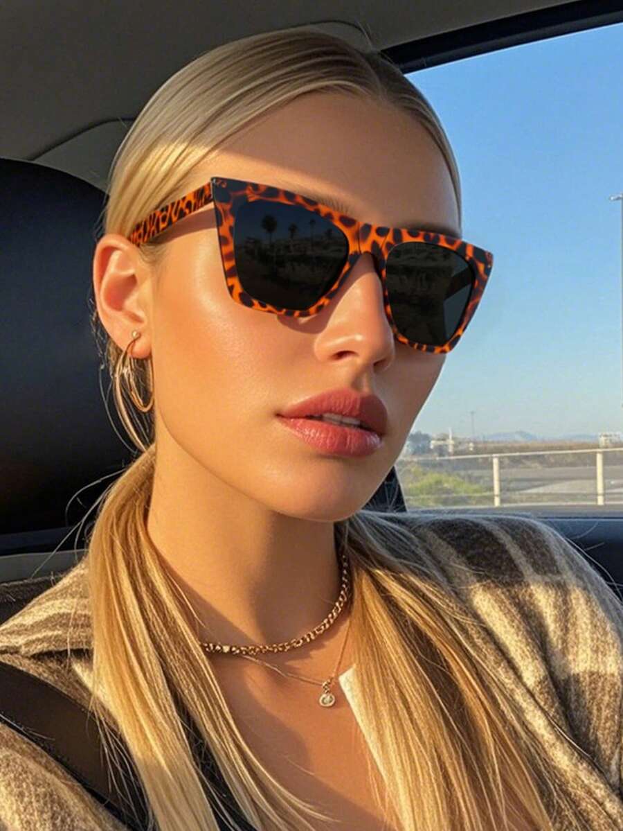 1件装方形女士时尚Y2K街头风眼镜，万圣节必备单品，秋冬女装，商务休闲礼品，豹纹图案，适合夏季海滩度假、户外旅行 - 紅豆花灰片 - 查看 1