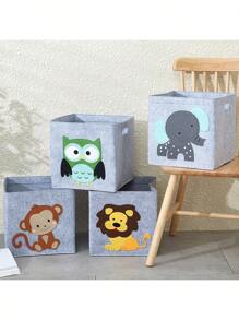 Cartoon Animal Pattern Foldable Felt Fabric Cube Storage Basket For Kids' Toys, Monkey Design