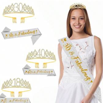 1 套生日丝带和水钻头饰皇冠套装，16/18/30/40/50/60/70 女王生日礼物，派对用品和装饰品，适合女性生日礼物，生日快乐派对用品和礼物，最完美的生日礼物，女王王妃优雅皇冠配梳子生日派对装饰