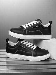 Men's Casual White Letter Patchwork Solid Color Outdoor Flat Sports Sneakers, Simple Versatile Work Shoes For Students - Black - View 3