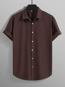 Vintage Men's Ribbed Knit Shirt, Short Sleeve Polo Collar, Solid Brown Textured Shirt, Suitable For Summer Vacation, Casual And Office Wear. An Excellent Christmas And New Year Gift For Dad Or Husband. - Chocolate Brown - View 9