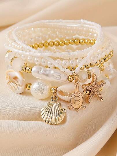 Conjunto de 7 peças 2025 Novo Design Pingentes Bohemia Verão Praia com Estrela Dourada, Tartaruga Marinha, Concha, Pérolas Contas Pulseiras para Mulheres Vestido de Baile Diário Legance Pulseiras Ocidentais Acessórios Conjuntos de Joias para Meninas