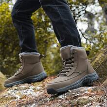 Autumn/Winter New High-Top Thick-Soled Warm Fleece-Lined Men's Outdoor Snow Boots, PU Plus Size Men's Boots, Outdoor Hiking Shoes, Comfortable Casual Shoes, Hiking Boots, Outdoor Sports Climbing Boots, Hunting Boots, Trekking Boots, Outdoor Shock-Absorbing Off-Road Boots, Climbing Shoes, Outdoor Adventure Camping Shoes, Fleece-Lined Thickened Anti-Slip Durable Black Hiking Boots