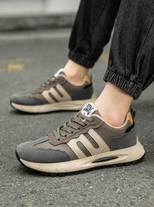 Men's Spring New Shock Absorption Soft Bottom Leather & Mesh Patchwork Breathable Casual Sneakers, Shock-Absorbing, Anti-Slip, Durable, Fashion, Suitable For Running, Commuting, Work, Daily, Campus, Sports, Youth