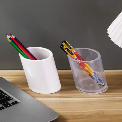 1pc Transparent Round Pen Holder, Office Supplies, Student Desk Organizer, Stationery Storage Box