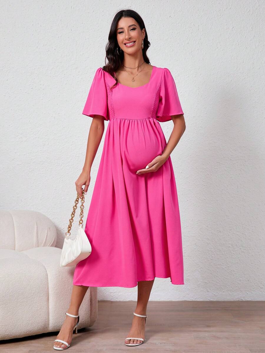 2025 Spring & Summer New Maternity Dress With Square Neck, Puff Sleeves, Flared Hem - Pink - View 1