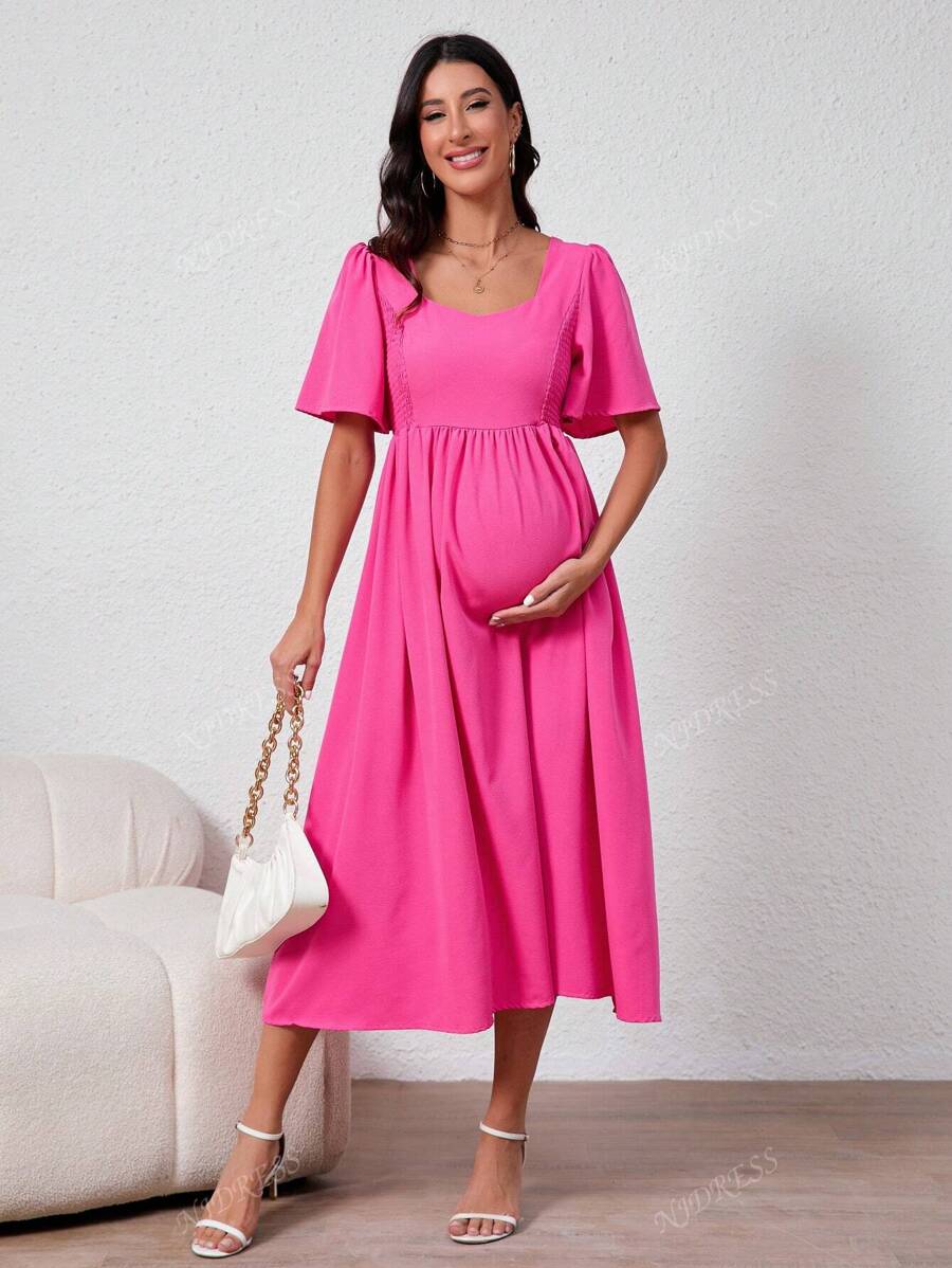 Vestido de maternidade novo, primavera/verão 2025, com gola quadrada, mangas bufantes e bainha alargada