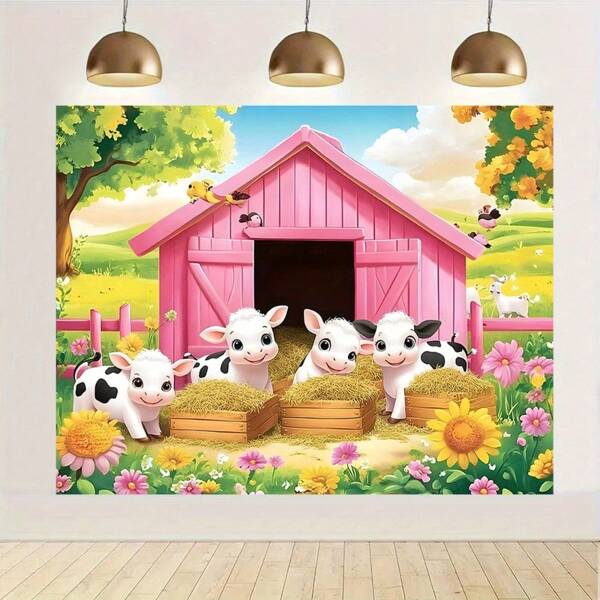 1pc Polyester Charming Rural Barn Pink & Cartoon Cow Backdrop,Universal For Spring,Summer,Autumn,Winter,Electricity-Free, Perfect For First ,Baptism,Bar ,Bridal Shower,Indoor/Outdoor Decor,Party Photography,Multipurpose,Entrance,Garden
