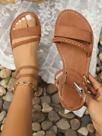 2025 春夏新款时尚凉鞋，平底软底柔软面料时尚百搭搭配裙子，编织弹性沙滩露趾户外平底复古休闲罗马凉鞋，黑色/绿色/棕色/白色