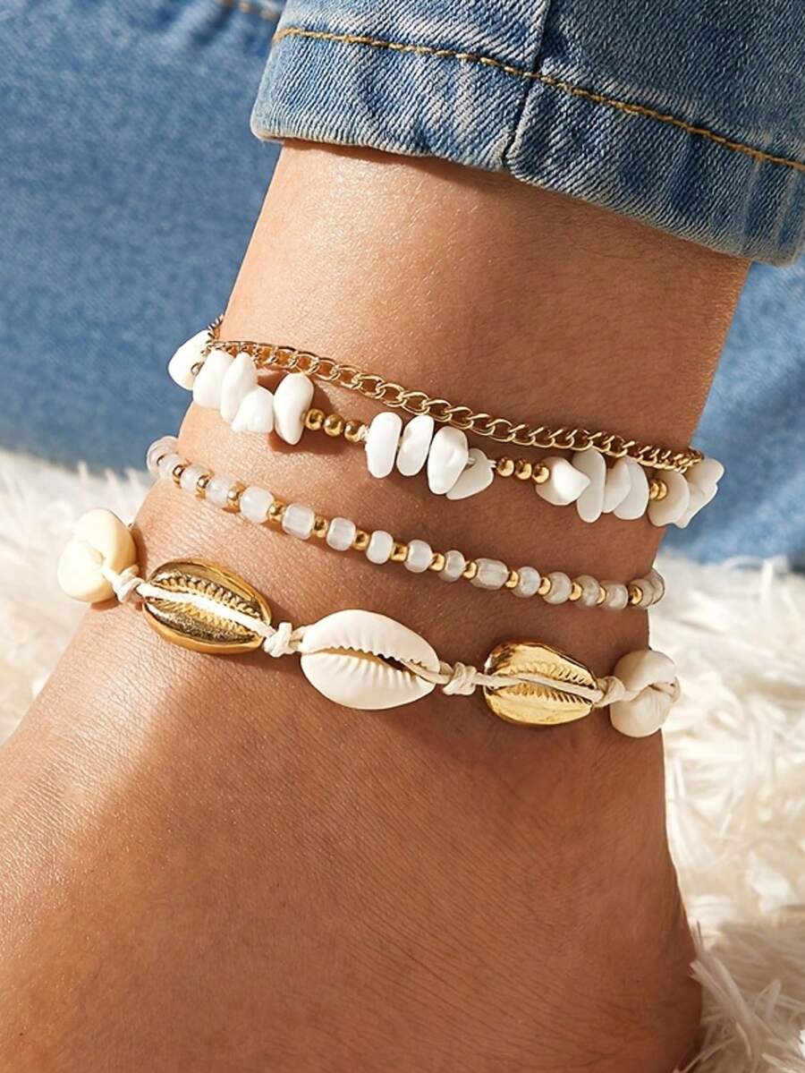 4pcs/Set Women Beach Foot Jewelry, Multi-Layer White Stone & Shell & Seed Bead Braided Anklets - Yellow Gold - View 1