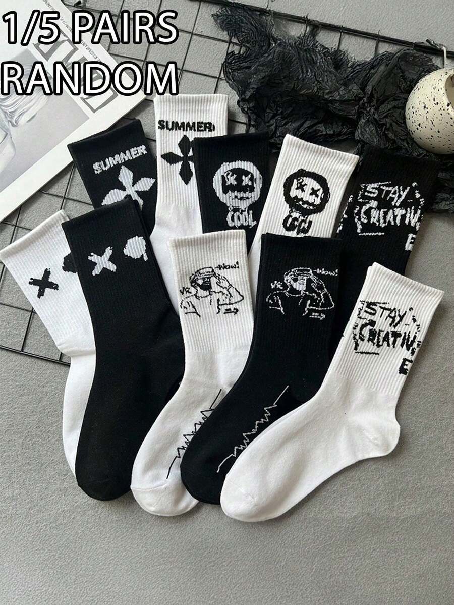 1/5 Pair Men's Comfortable Personalized Smiling Face Pattern Knee-High Socks, Autumn Socks