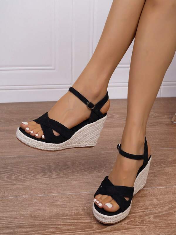 Sandali con zeppa e plateau da donna, di stile primavera/estate, con cinturini alla caviglia, di colore nero