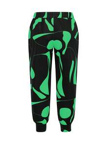 Plus Size Women Geometric Print Drawstring Casual Long Pants - Green - View 2