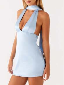 Women Halter Neck Mini Bodycon Dress With Scarf Y2k Sexy Open Back Silk Satin Club Party Night Short Dresses Summer Formal Cocktail Sundress - 藍色 - 查看 2
