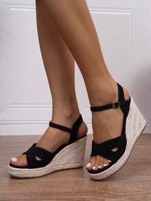 Women's Spring/Summer Buckle Strap Holiday Style Black Wedge Platform Sandals,Wedge Sandals - Black - View 5