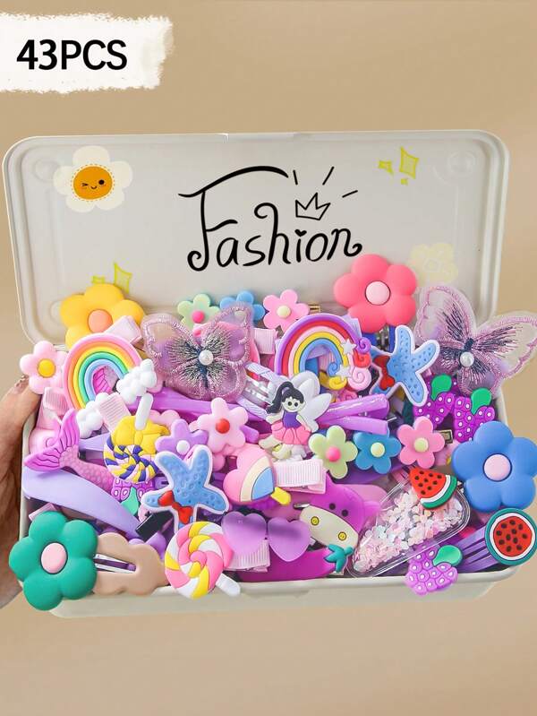 43 stuks kleurrijke haarspeldjes met dieren, fruit, bloemen en regenboogstrikjes voor meisjes, modieuze pony's aan de zijkant, veelzijdige set voor dagelijks gebruik en als cadeau