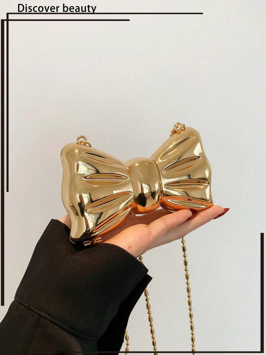 Mini Bowknot Mini Evening Bag, Small Personalized Fashion Chain Lipstick Bag For Women, Suitable For Valentine's Day, Party, Date, Decorative Shoulder Crossbody Bag, Coin Purse, Silver, Gold Earphone Case - 金色 - 查看 1