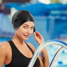 1pc Summer Silicone Black Swimming Cap, For Long Hair, Swimming Accessories Beach Essential