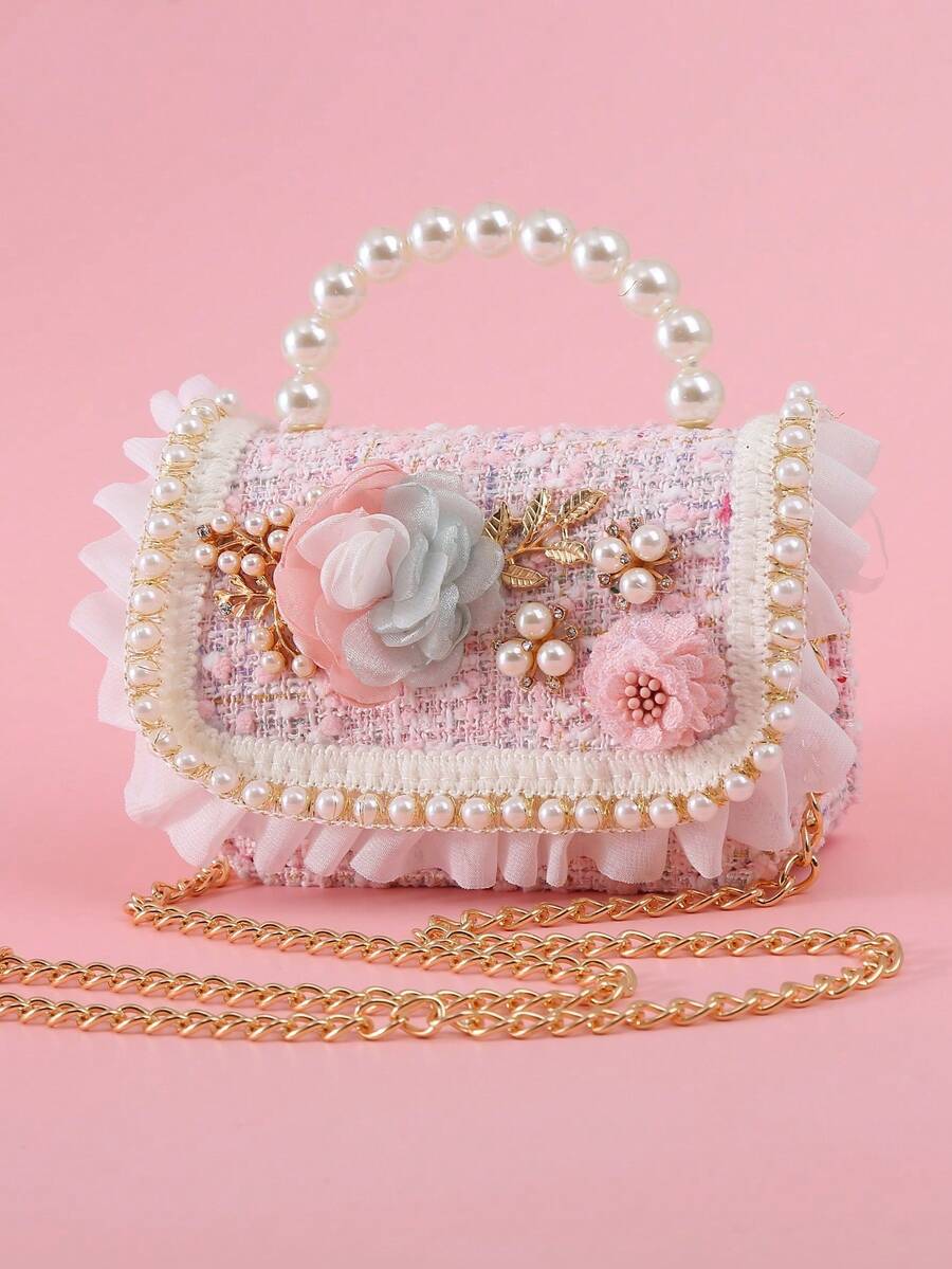 1pc Beaded Ruffle Flower Metal Leaf Decor Pearl Applique Comfortable PU Wool Blend Multi-Function Chain Flap Closure Casual Beaded Handbag Crossbody Bag Pouch Suitable For Holidays And Daily Use - Woolen Alloy Fortune Tree - View 1