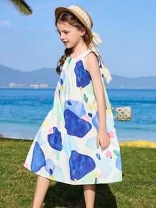 ASK JUNIOR 女童清新图案印花无袖挂脖连衣裙 - 藍色 - 查看 2