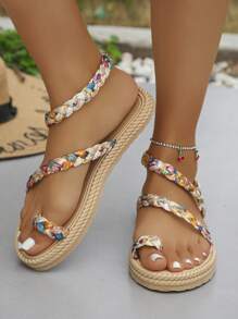 Plus Size Women's Woven Flat Sandals, Lightweight Non-Slip Beach Shoes With Rope Sole, Bohemian Style Holiday Slippers, Random Retro Pattern