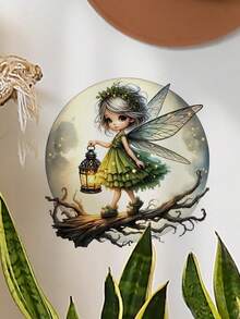 mama look 1pc Fresh Butterfly Fairy, Green Leaves, Mushroom Fairy Girl, Daisy Lawn, Flower Branch Birds House, Moon Lantern Swing Rose Wall Sticker, Decorative Wall Art For Bedroom, Living Room, Study, Dining Room, Bathroom, Removable PVC Wallpaper - Multicolor - View 5