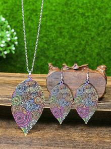 TopHanqi 3pcs Vintage Boho Style Earrings & Necklace Set, Hollow Colorful Leaf-Vein Pendant, Suitable For Women Daily, Work, Travel And Vacation, All Seasons
