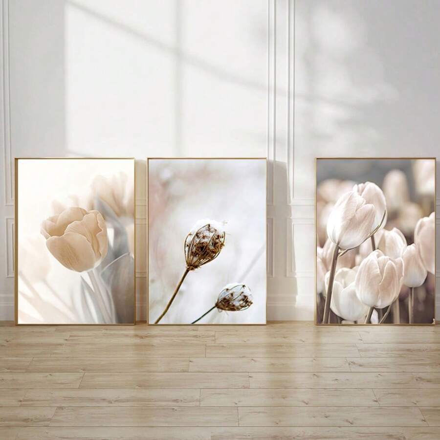 1/3Pcs Botanical Wall Arts, Beige Abstract Flower Canvas Posters Mural Decoration Beige Abstract Art Neutral Plant Printing,Optional Frame,Suitable For Living Room, Bedroom, Kitchen, Dining Room, Bathroom, Office Decoration ,Wall Art With Frame