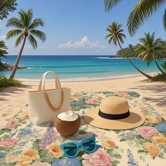 1 件鲜艳阳光印花防水沙滩毯，轻便耐用，适合海滩、度假、户外露营和野餐