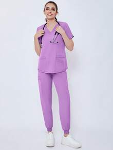 (Four-Piece Set) Scrubs Uniform Women's Running Matte Elastic Sports Nurse  Uniform Wash Clothes Work Clothes Breathable Scrub Shirt - 淡紫色 - 查看 9