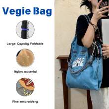 New Women's Crossbody Bag Nylon Shopping Bag Cat Embroidery Lightweight Tote Bag Folding Storage Suitable For Commuting Travel Leisure Outdoor Party Holiday Gifts