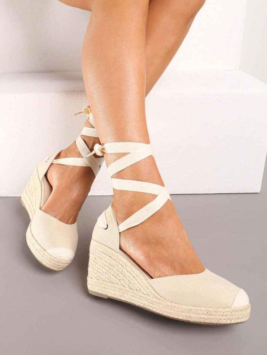 Sandalias de cuña con cordones, versátiles y de moda para el verano - Rosa - Ver 1