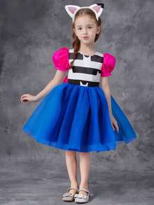 Toddler Girls Cat Dollhouse Costumes For Kids Halloween Carnival Cosplay Dress+Headband 2pcs Outfits Children Fancy Birthday Party Dress UP Gift - Blue - View 12