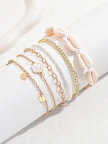 6pcs Fashionable & Minimalist Beach-Style Elastic Plastic Anklets Set With Shell Pendants & Single Row Rhinestones, Summer Fashion Items, Great Surprise Gift For Friends And Family - Multicolor - View 4