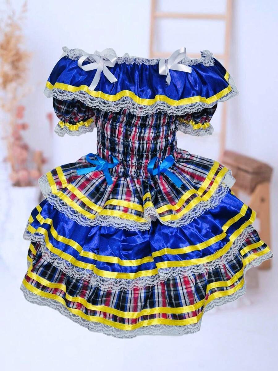 Country Dress For Children, Youth, June Festival, Traditional Square Dance, São João, Butterflies Kids - 藏蓝色 - 查看 1