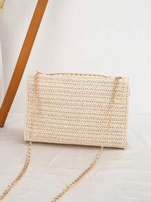 1pc Women's Summer Square Straw Bag, Fashionable Striped Woven Shoulder Bag With Chain, Lightweight And Casual Crossbody Square Straw Tote
