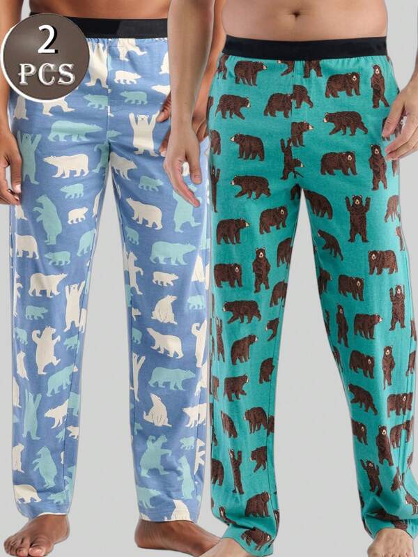 2pcs/Set Men's Light Weight Bear Print Pajama Bottoms, Casual Comfortable Loungewear For Summer