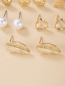 30pcs/Set Fashionable Cute Simple Metal Faux Pearl Heart Geometric Leaf Flower Rhinestone Earring Studs Set, Multi-Piece Jewelry For Daily Wear - Multicolor - View 4