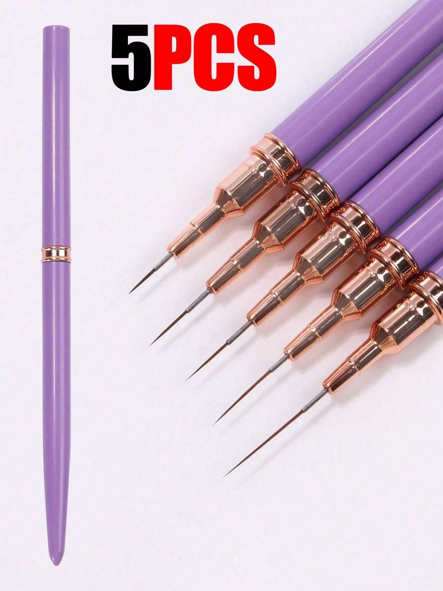 5pcs Professional Detail Nail Paint Liner Brush Set,5 Small Polish Design Technique Nail Tip Fine Line Stripe Brush, 7/9/11/ 15/20mm Tight Body Length Brush Nail Drawing Pencil(Purple) - Purple - View 1