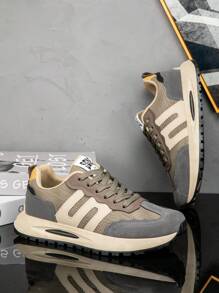 Men's Spring New Shock Absorption Soft Bottom Leather & Mesh Patchwork Breathable Casual Sneakers, Shock-Absorbing, Anti-Slip, Durable, Fashion, Suitable For Running, Commuting, Work, Daily, Campus, Sports, Youth